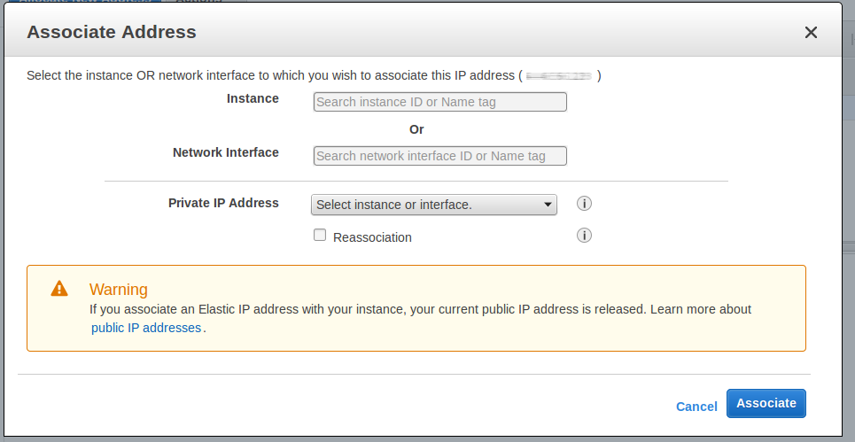 Image of panel to associate Elastic IP address